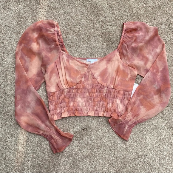 Abound Chiffon Pink Crop Top Long Sleeve Flowy Blouse - Picture 1 of 3